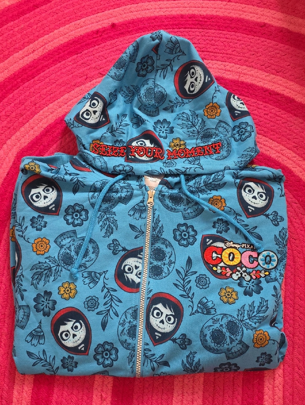 Disney Hoodie Full‎ Zip Blue Coco Miguel Skull Embroidered  Adult Large